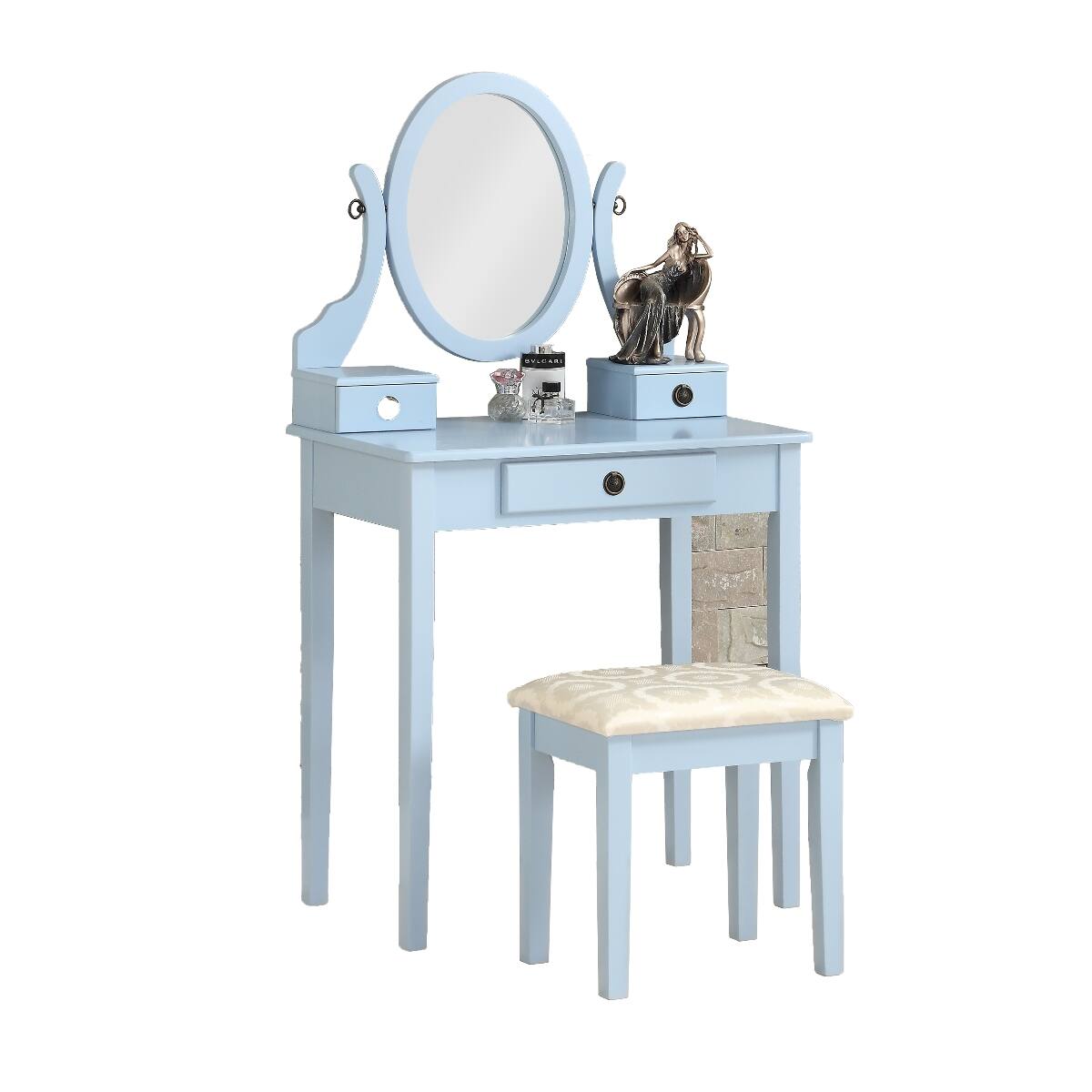 Back. Loheer - Loheer Blue Makeup Vanity Table Set with Adjustable Oval Mirror and Padded Stool - Blue.