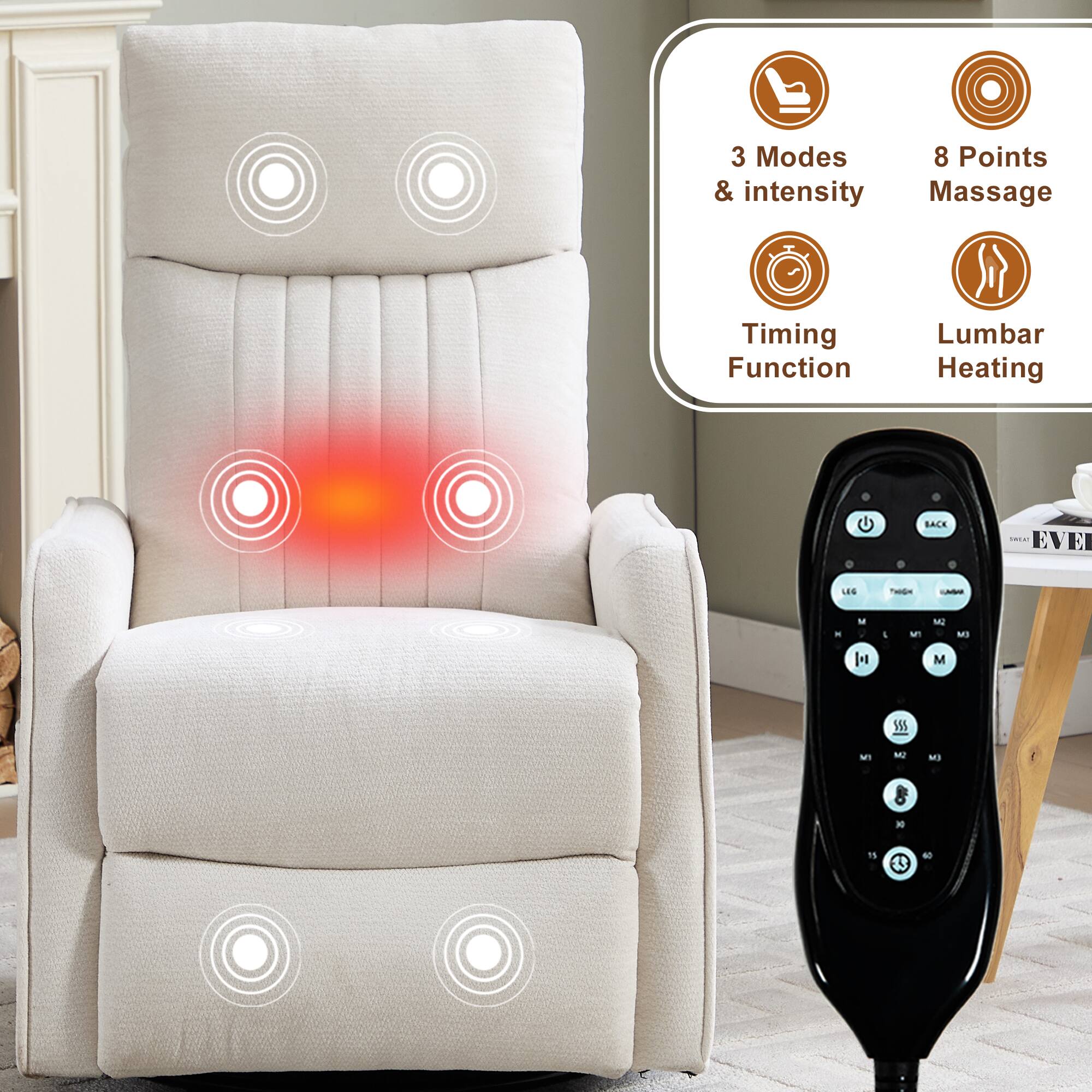 3 Modes & intensity  
8 Points Massage  
Timing Function  
Lumbar Heating