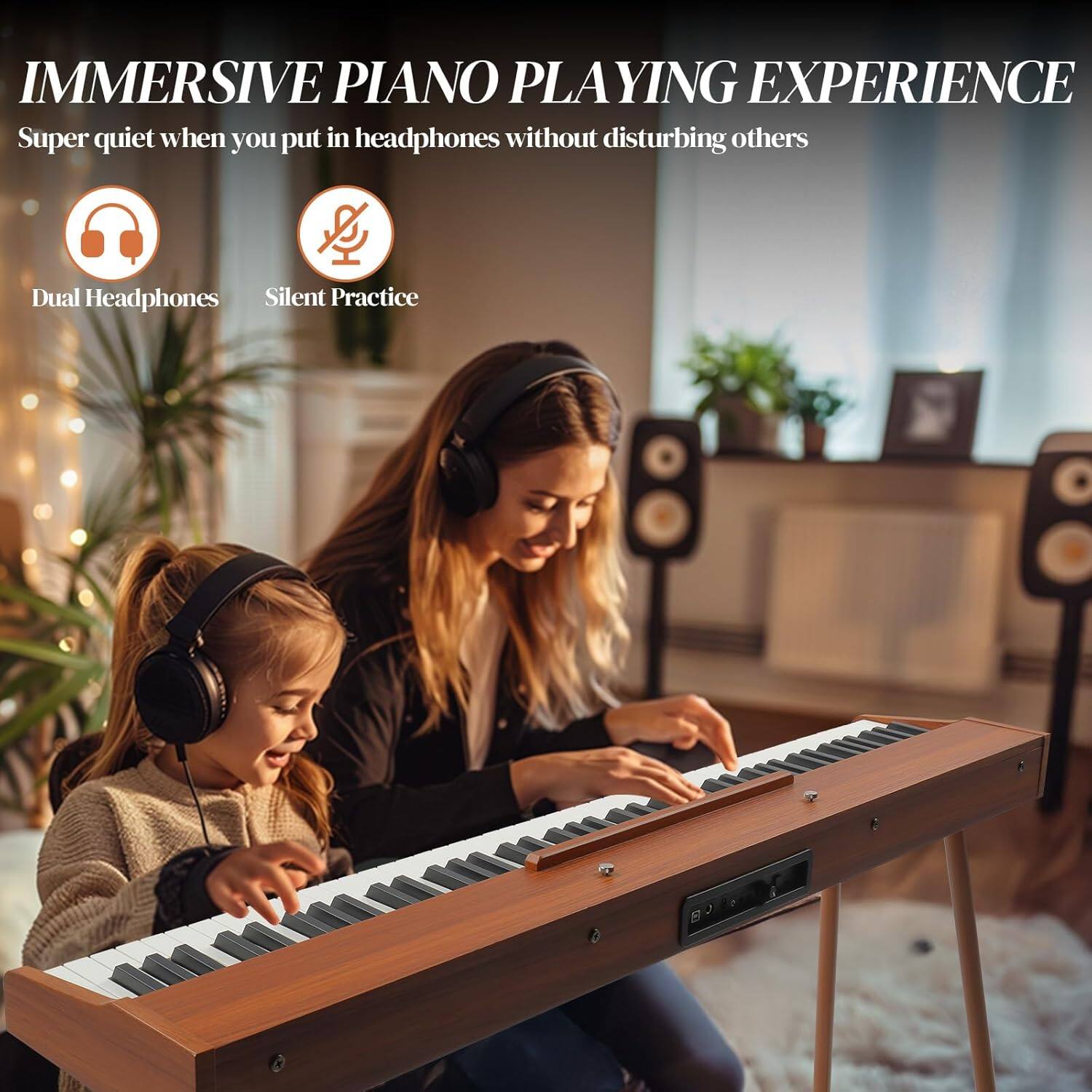 IMMERSIVE PIANO PLAYING EXPERIENCE  
Super quiet when you put in headphones without disturbing others  

Dual Headphones  
Silent Practice