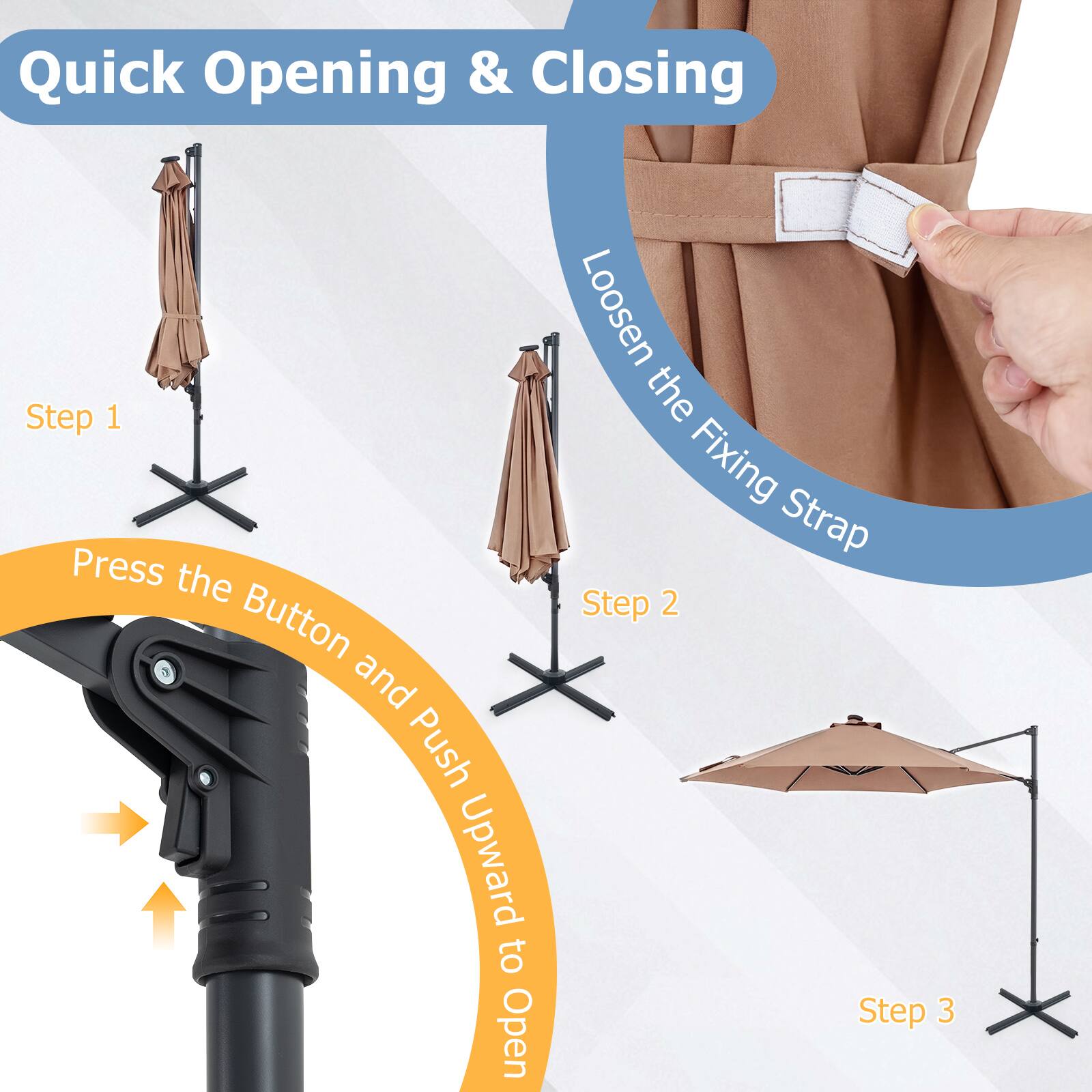 Quick Opening & Closing

Step 1: Press the Button and Push Upward to Open

Step 2: Loosen the Fixing Strap

Step 3