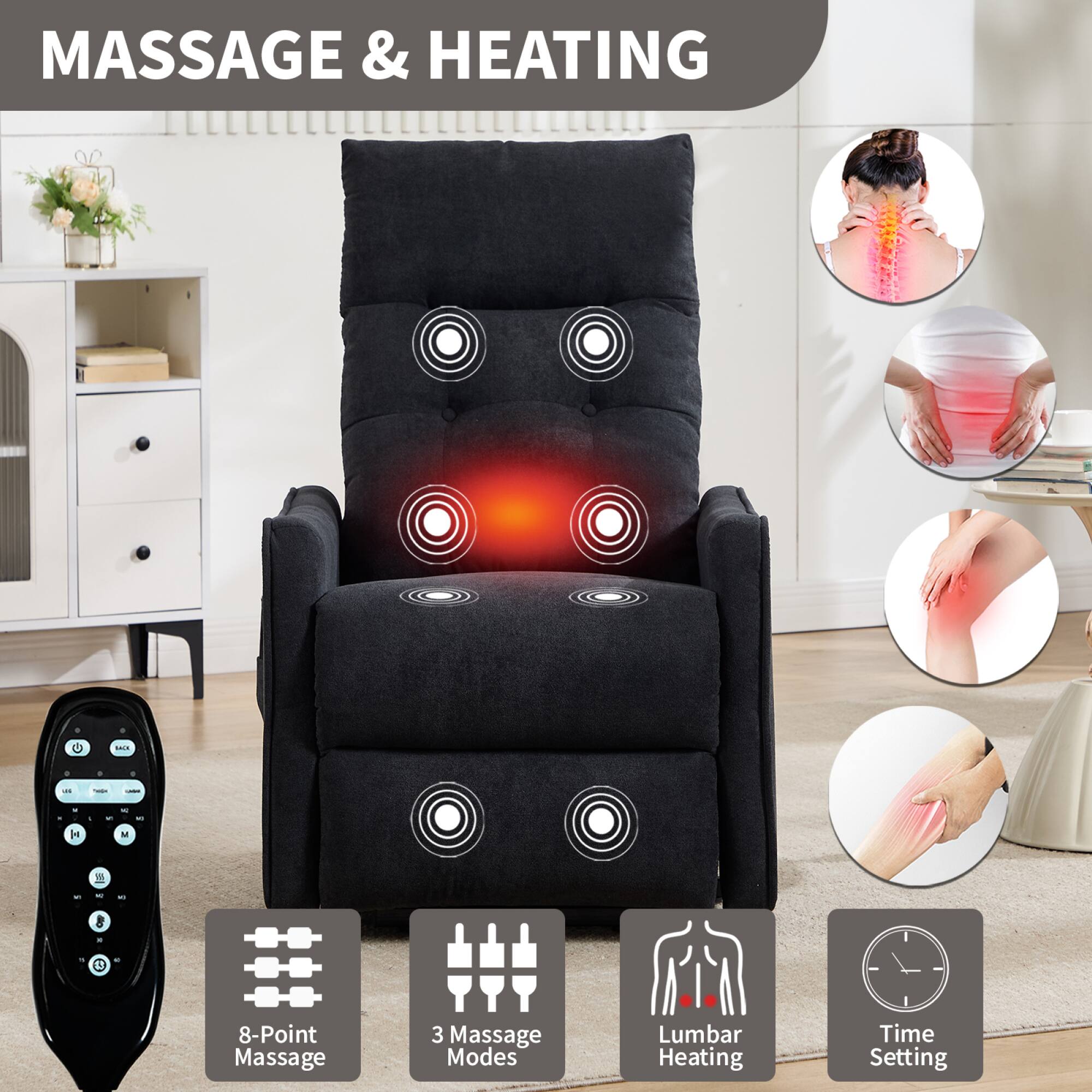 MASSAGE & HEATING

- 8-Point Massage
- 3 Massage Modes
- Lumbar Heating
- Time Setting