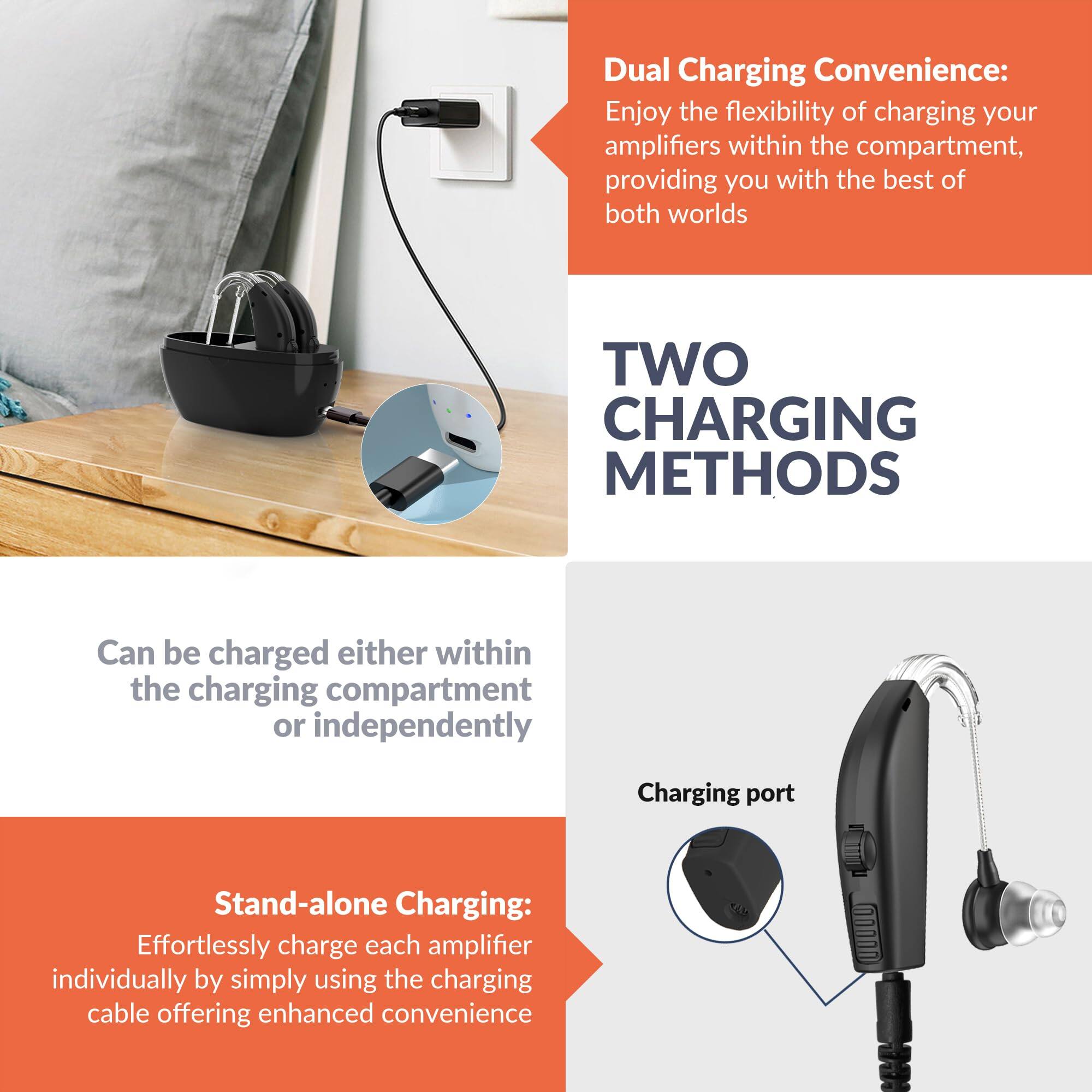 Dual Charging Convenience:  
Enjoy the flexibility of charging your amplifiers within the compartment, providing you with the best of both worlds

TWO CHARGING METHODS

Can be charged either within the charging compartment or independently

Stand-alone Charging:  
Effortlessly charge each amplifier individually by simply using the charging cable offering enhanced convenience