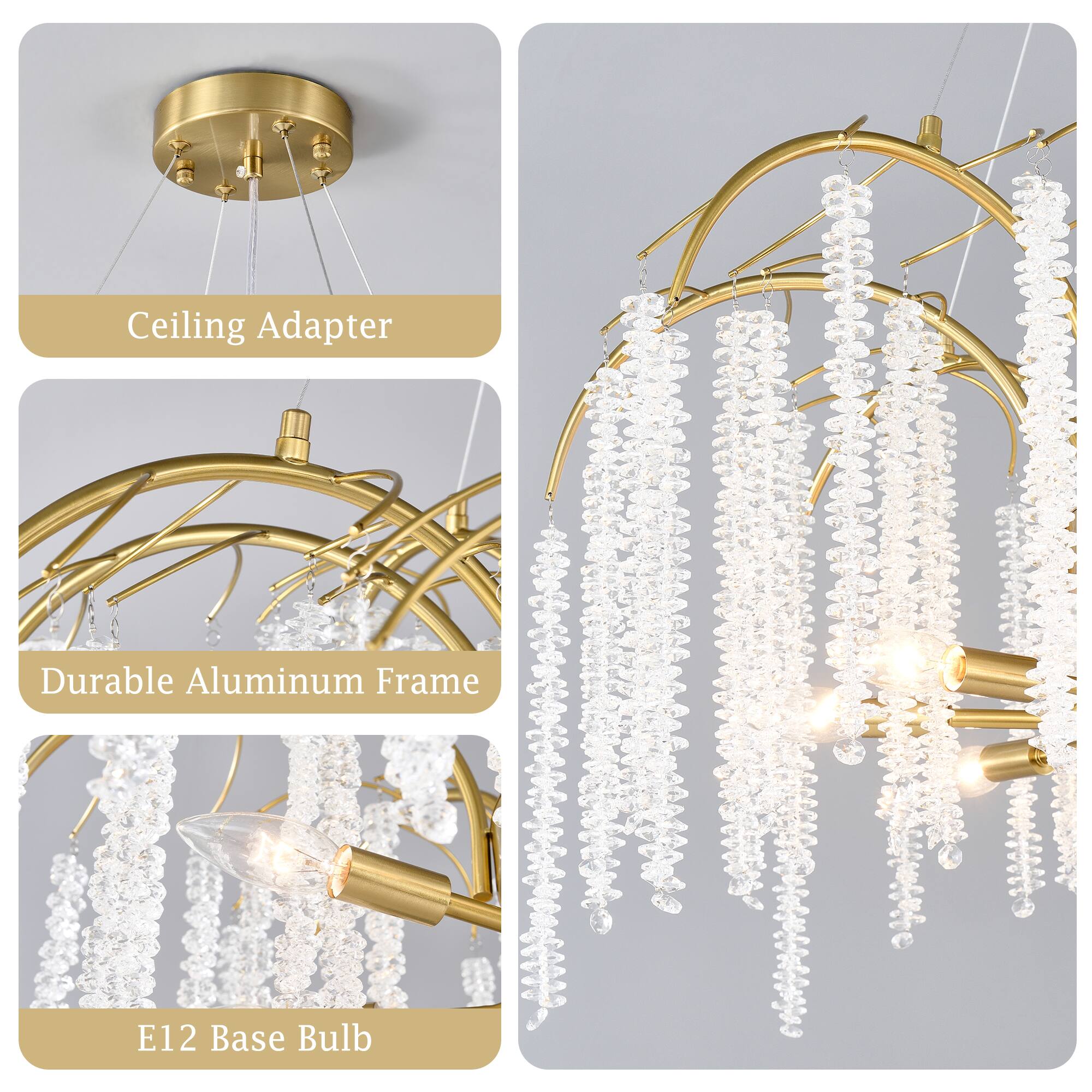 Ceiling Adapter  
Durable Aluminum Frame  
E12 Base Bulb