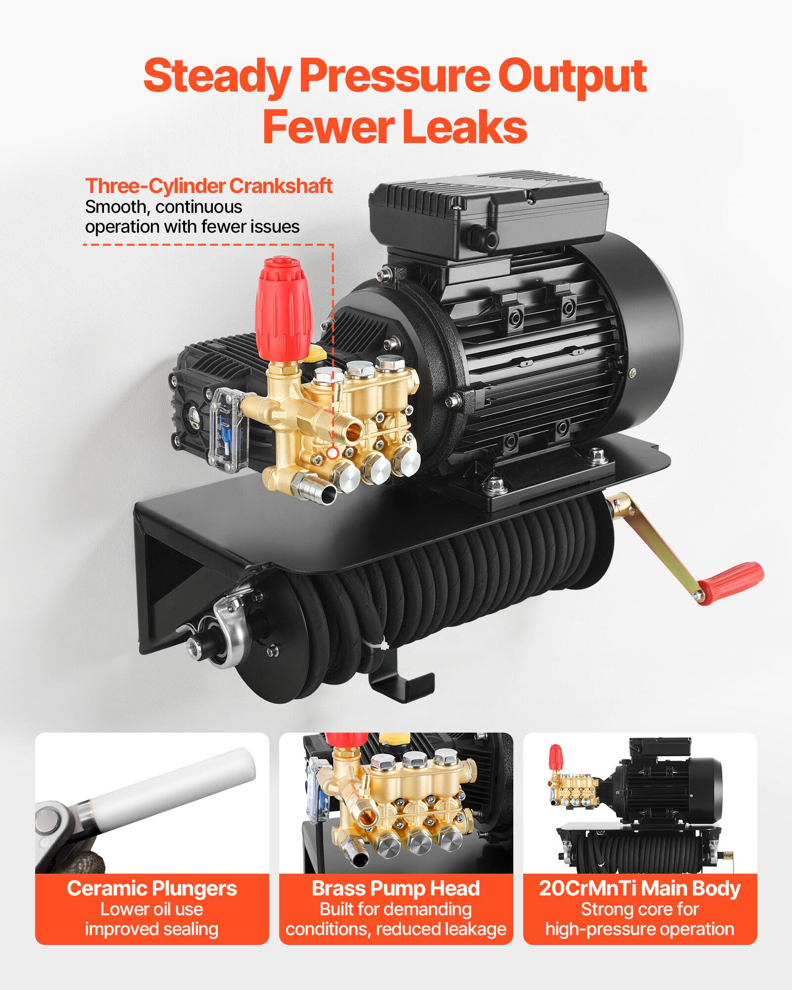 Steady Pressure Output Fewer Leaks

Three-Cylinder Crankshaft  
Smooth, continuous operation with fewer issues

Ceramic Plungers  
Lower oil use  
Improved sealing

Brass Pump Head  
Built for demanding conditions, reduced leakage

20CrMnTi Main Body  
Strong core for high-pressure operation
