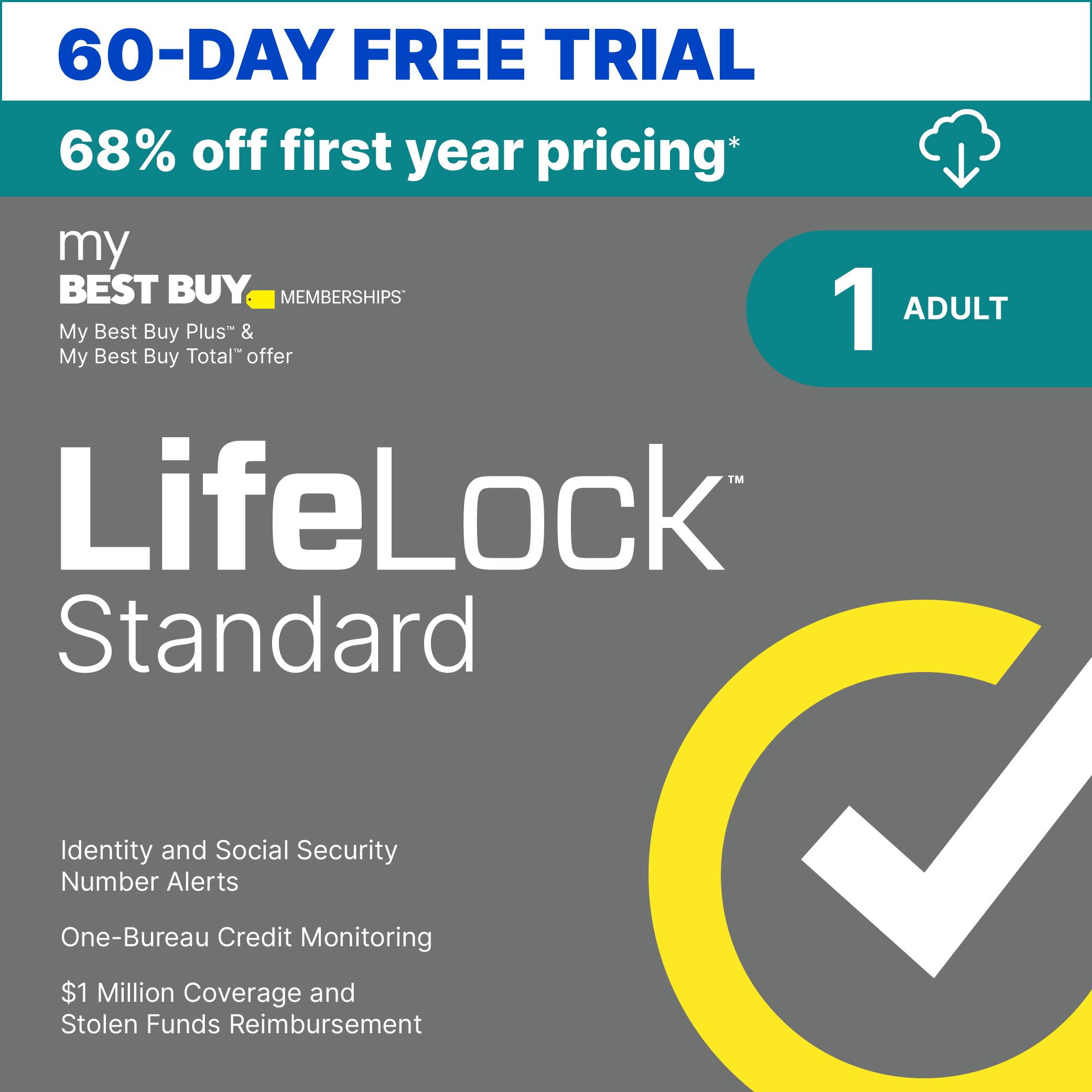 60-Day Free Trial 68% off first year pricing* My Best Buy Memberships 1 Adult My Best Buy Plus & My Best Buy Total Rewards LifeLock Standard Identity and Social Security Number Alerts One-Bureau Credit Monitoring $1 Million Coverage and Stolen Funds Reimbursement