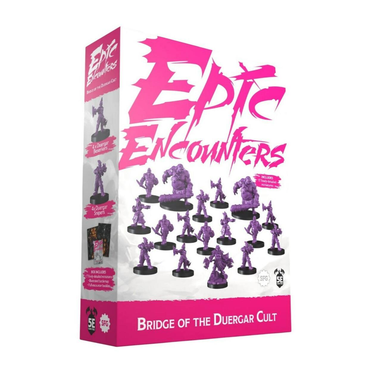Epic Encounters  
Bridge of the Duergar Cult  

4x Duergar Berserkers  
4x Duergar Snipers  

Includes:  
- 8 unpainted detailed miniatures  
- 1 detailed terrain piece  
- Full-color artwork  

5E SFG