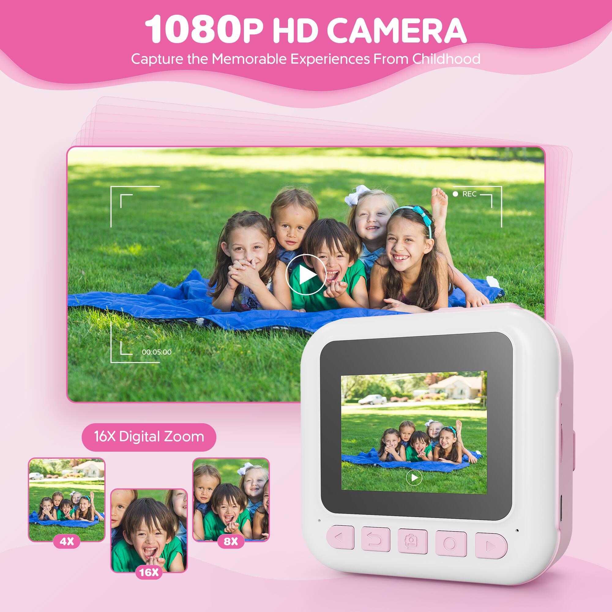 1080P HD CAMERA, Capture the Memorable Experiences From Childhood, REC 00:05:00, 16X Digital Zoom, 4X, 8X, 16X