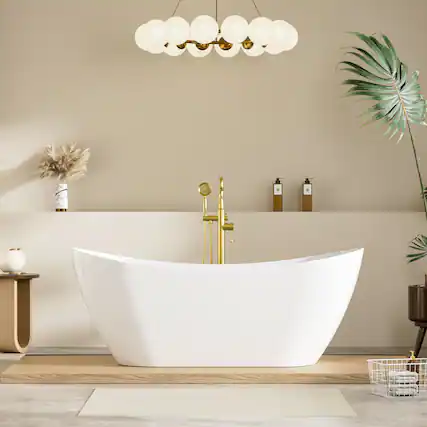 Front. WELLFOR - Vela 67 in. x 29 in. Acrylic Oval Freestanding Soaking Bathtub with Center Drain and Overflow - White.