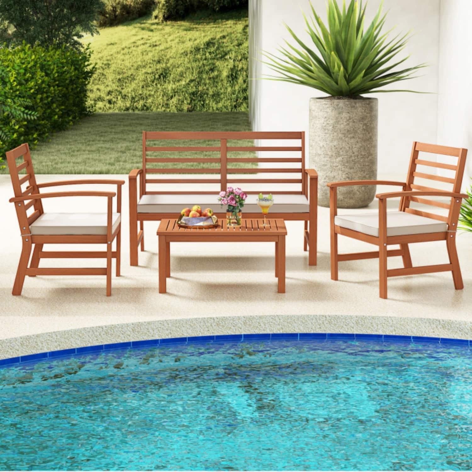 Mondawe - 48 x 24 x 31.5 IN Freestanding Acacia Wood Patio Set with Loveseat, 2 Chairs & Table 4-Piece - Natural+Beige