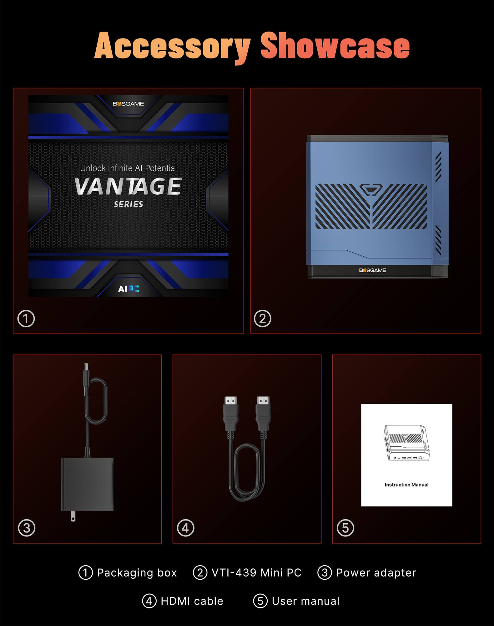 Accessory Showcase

BIISGAME
Unlock Infinite AI Potential VANTAGE SERIES

1. Packaging box
2. VTI-439 Mini PC
3. Power adapter
4. HDMI cable
5. User manual