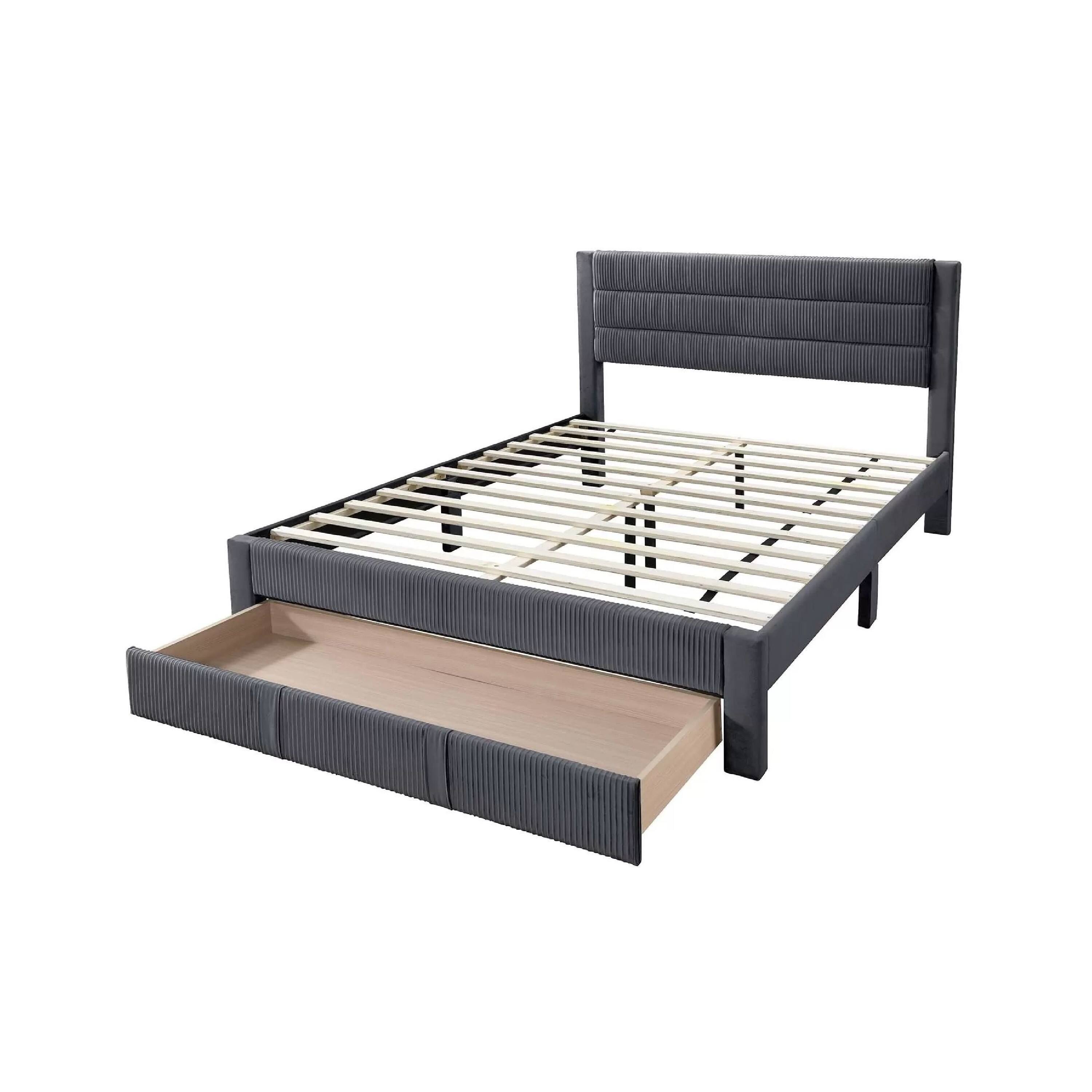 Angle. Manhattan Lane - Daisy Full Bed w Drawer, Charcoal Gray Corduroy Upholstery, Foam - Charcoal Gray.