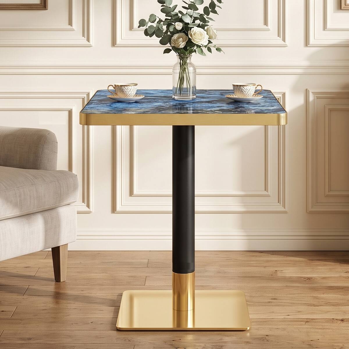 Alt View 4. Loheer - Loheer Small Square Dining Table, Blue Agate Marble Look Top with Gold Edge, 23.7-Inch Bistro Table - Black, Blue, Gold.