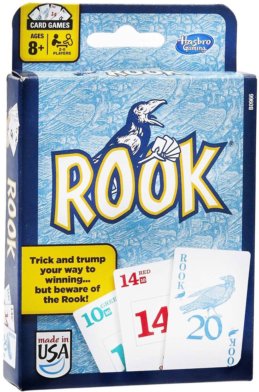 CARD GAMES  
AGES 8+  
2-6 PLAYERS  

ROOK  
Trick and trump your way to winning... but beware of the Rook!  

made in USA  

Hasbro Gaming  

B0966  

14  
5  
10  
5  

14  
10  
10  
14  
20  

ROOK  
14  
10  
10  
14  
20  

FREE  

RED ROOK