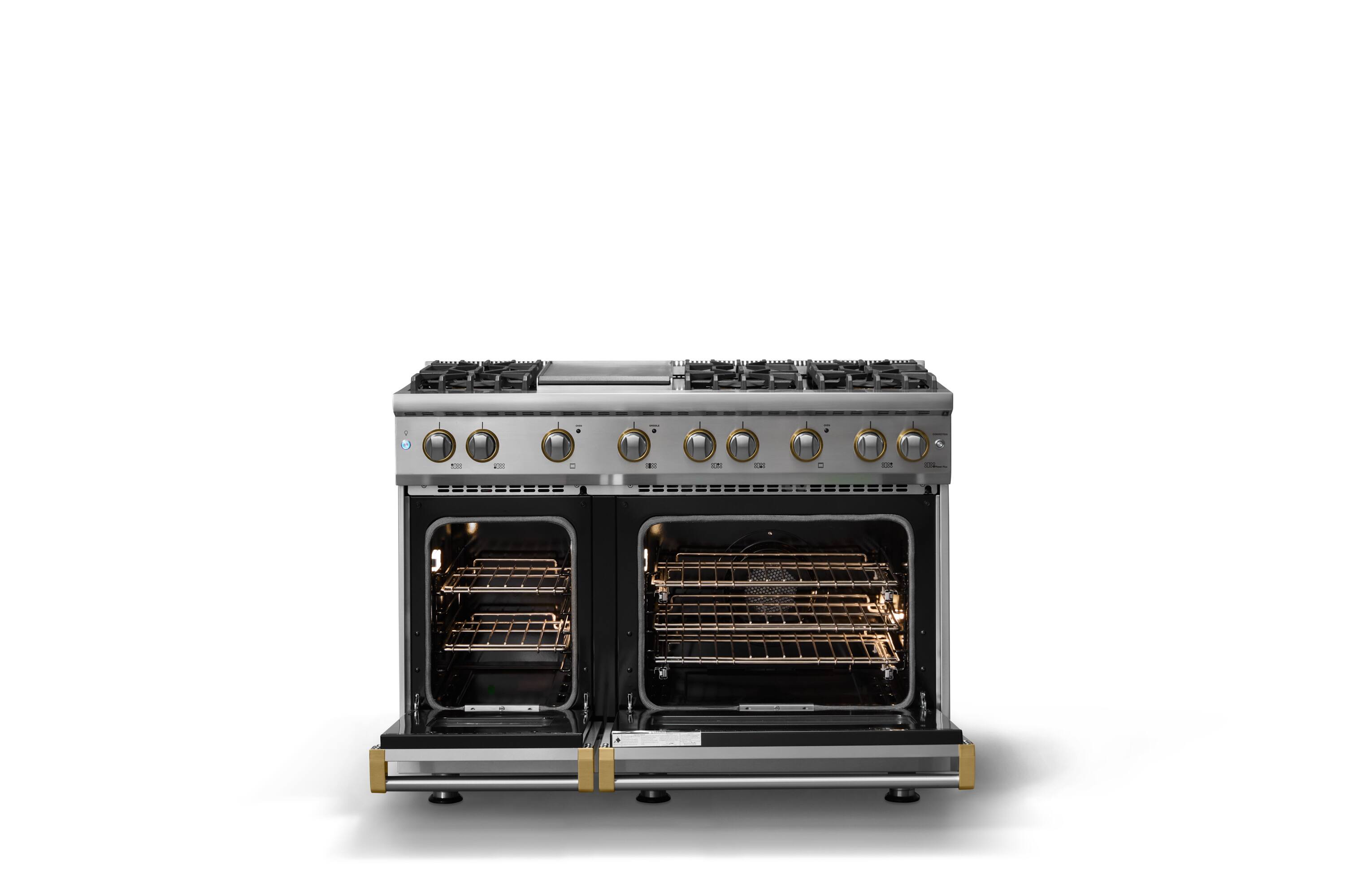 Alt View 2. Viking - 48"W. 6.1 Cu.Ft. Freestanding Manual Clean Sealed 8B Gas Convection Range/Grdl/Double Oven-Stainless Steel/Brushed Brass - Stainless Steel.
