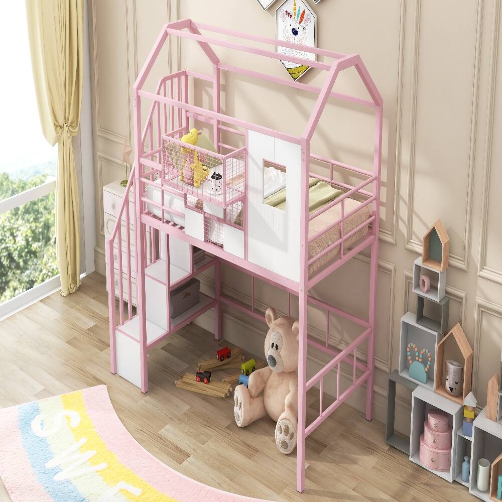 Back. Loheer - Loheer Metal Loft Bed Twin Size Pink House Bed with Storage - Pink.