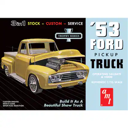 The text on the image is grouped and corrected as follows:
3in1 STOCK - CUSTOM - SERVICE TROPHY SERIES '53 FORD PICKUP TRUCK OPERATING TAILGATE & HOOD AUTHENTIC 1/25 SCALE CUSTOM ENGINE WITH 8 CARB SETUP-FUEL INJECTION Build It As A Beautiful Show Truck a m t