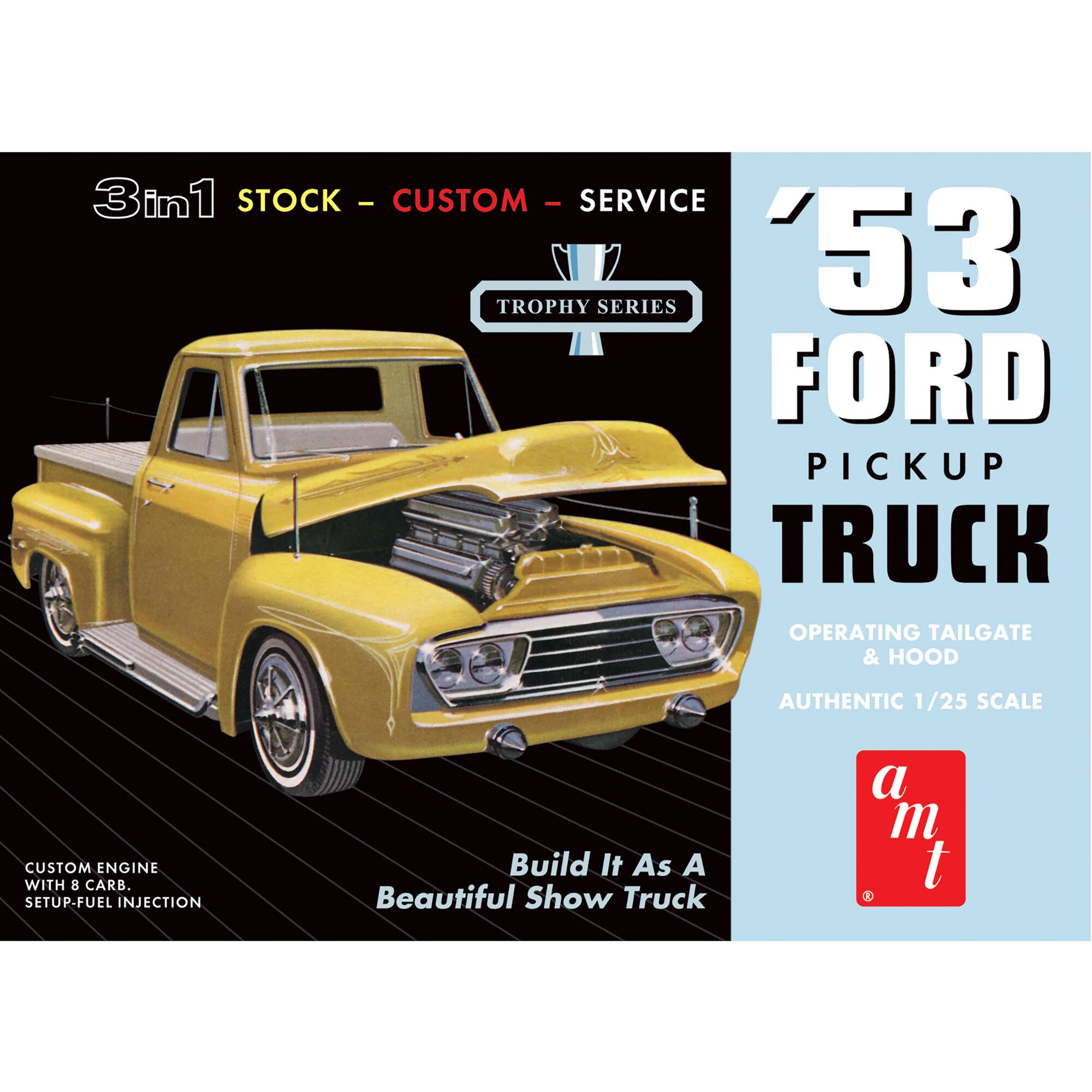 The text on the image is grouped and corrected as follows:

3in1 STOCK - CUSTOM - SERVICE TROPHY SERIES '53 FORD PICKUP TRUCK OPERATING TAILGATE & HOOD AUTHENTIC 1/25 SCALE CUSTOM ENGINE WITH 8 CARB SETUP-FUEL INJECTION Build It As A Beautiful Show Truck a m t