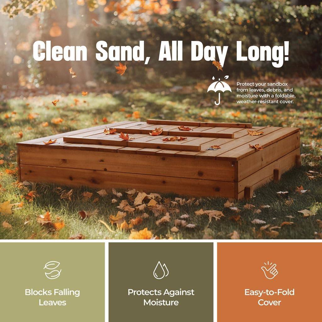Clean Sand, All Day Long!

Protect your sandbox from leaves, debris, and moisture with a foldable, weather-resistant cover.

- Blocks Falling Leaves
- Protects Against Moisture
- Easy-to-Fold Cover