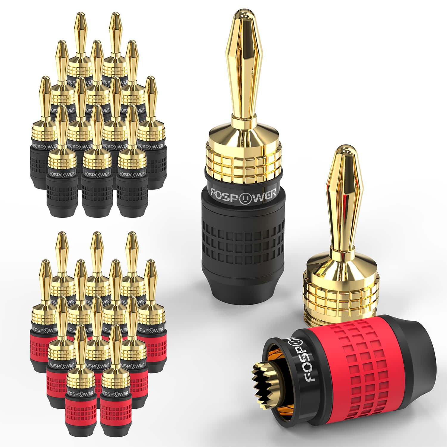 FosPower - Deadbolt Banana Plugs 12 Pairs / 24 pcs, Screwless Type 24k Gold Plated Banana Speaker Plug Connectors - Multicolored