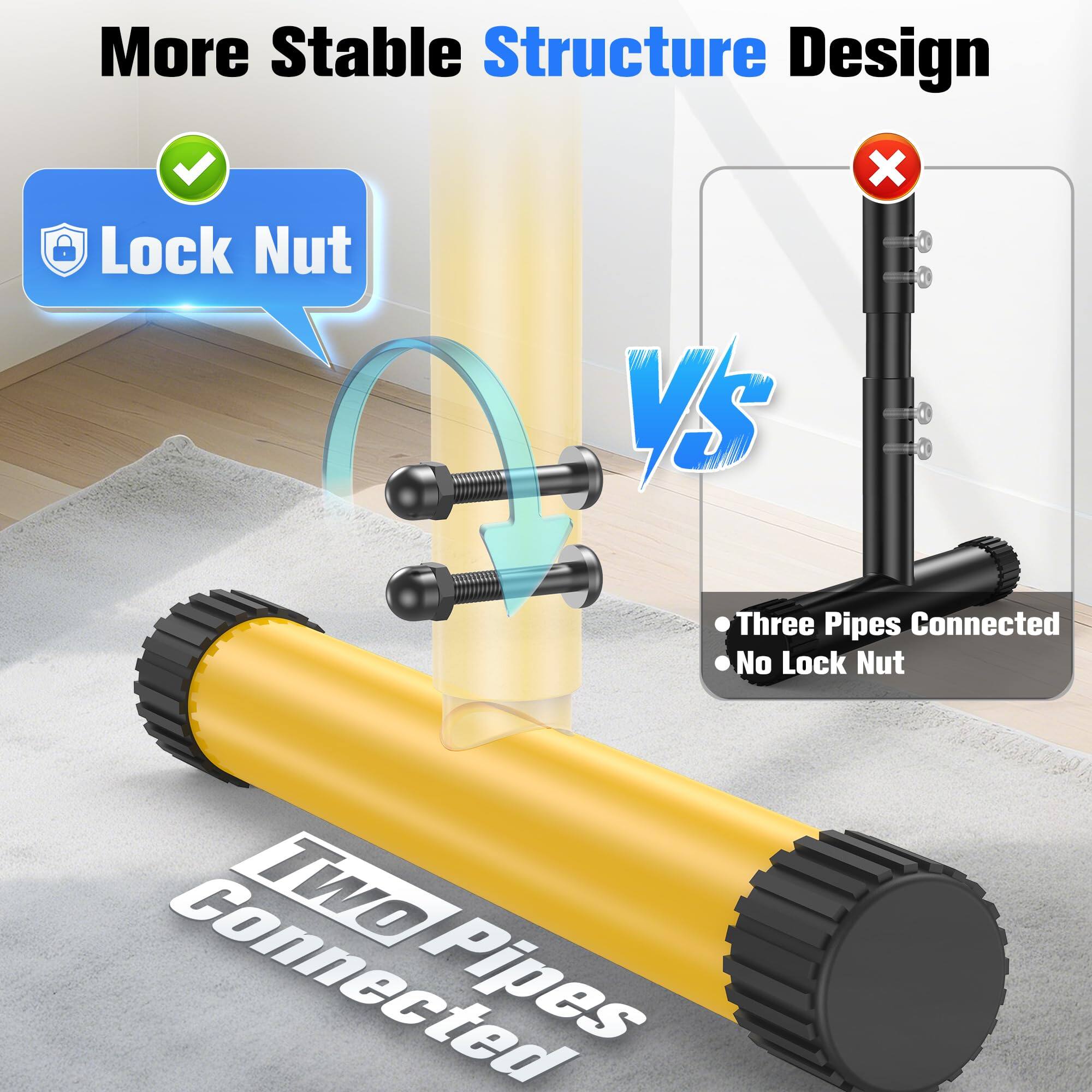 More Stable Structure Design

Lock Nut

VS

Three Pipes Connected
No Lock Nut

Two Pipes Connected