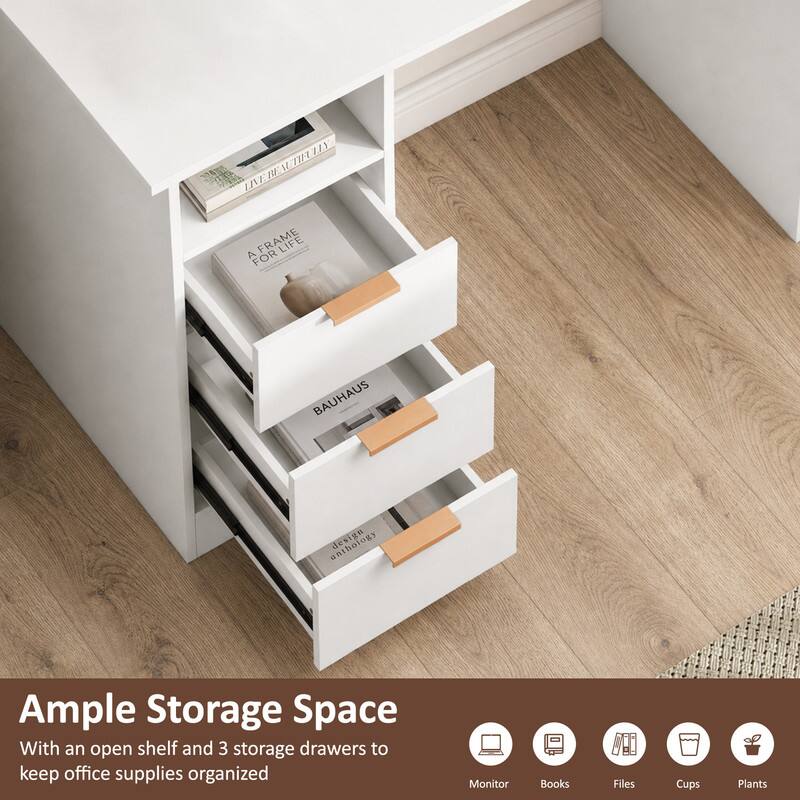 Ample Storage Space  
With an open shelf and 3 storage drawers to keep office supplies organized  
Monitor Books Files Cups Plants