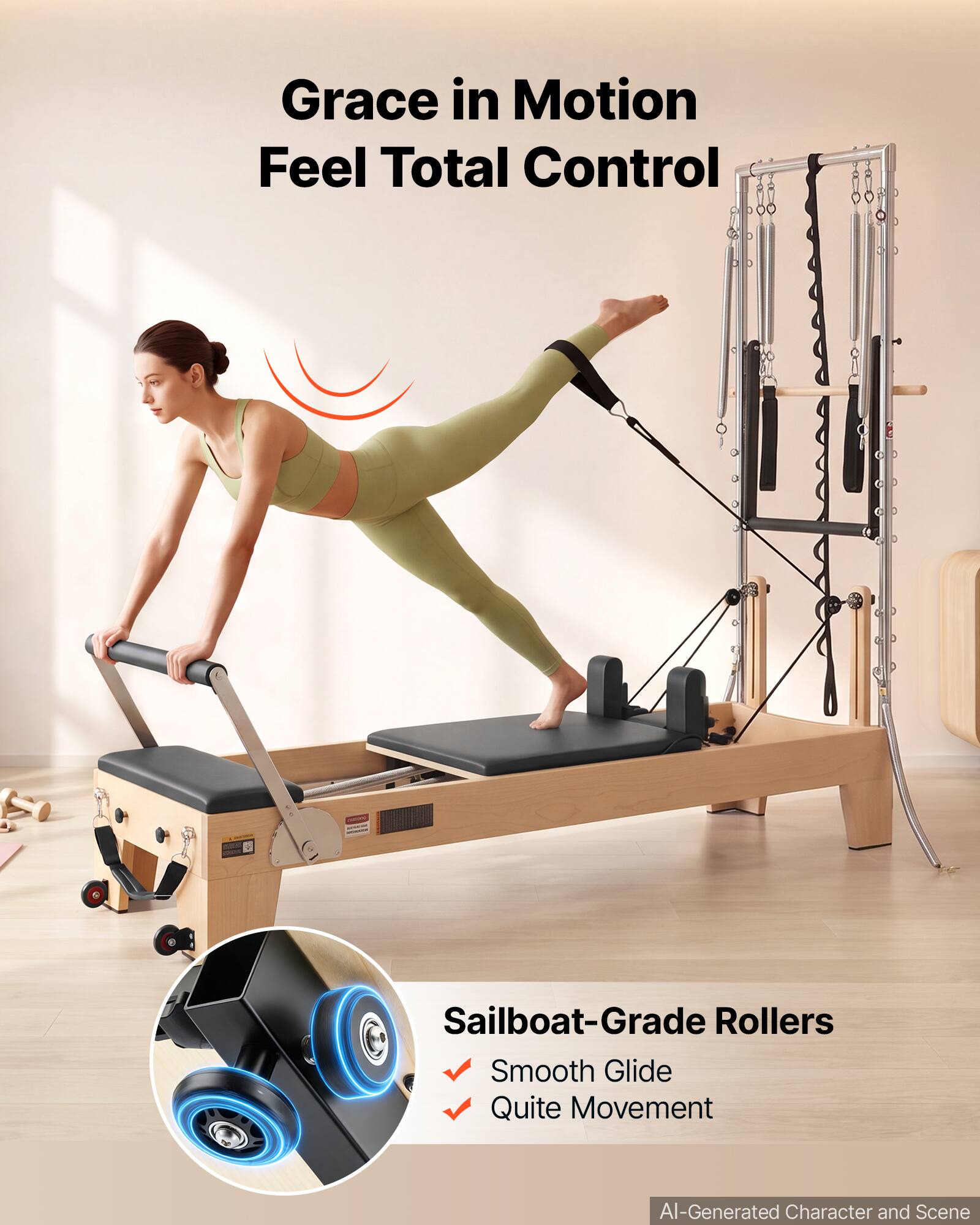 Grace in Motion  
Feel Total Control

Sailboat-Grade Rollers  
Smooth Glide  
Quite Movement

AI-Generated Character and Scene