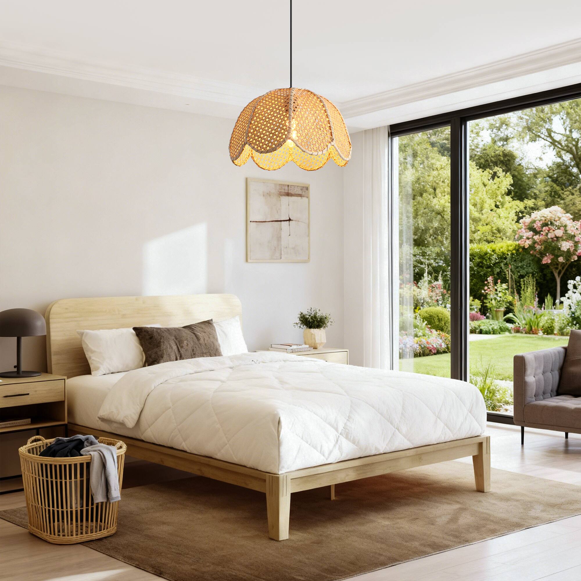 Alt View 1. Parrot Uncle - 1-Light Farmhouse Flower Shaped Brown Hand-Woven Natural Rattan Hanging Pendant Light.