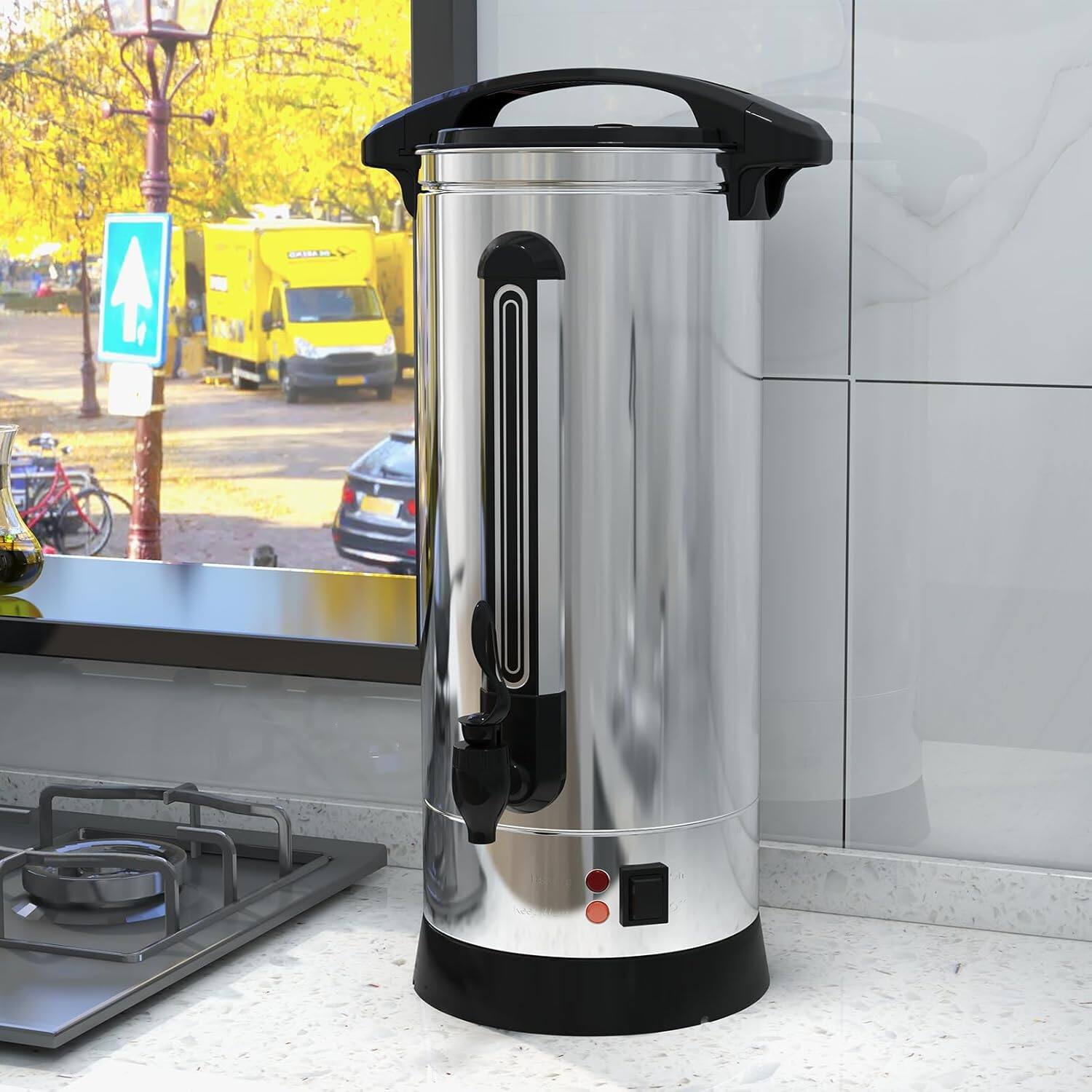 Left. Babevy - 120 Cup (18L/4.8Gal) Commercial Coffee Urn, Stainless Steel, Fast Brew, Dispenser for Catering Parties - Silver.