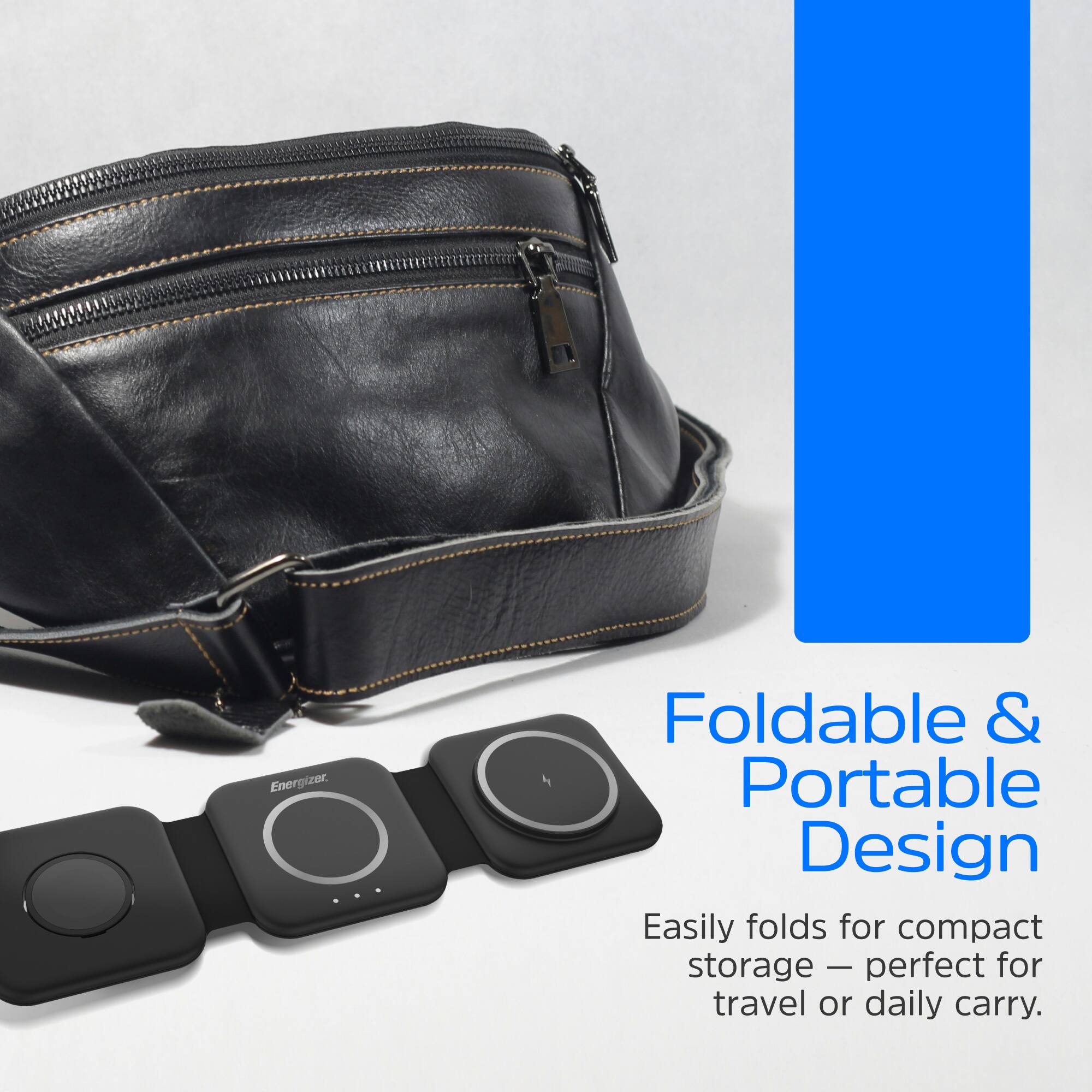 The text on the image reads: "Energizer. Foldable & Portable Design. Easily folds for compact storage - perfect for travel or daily carry."