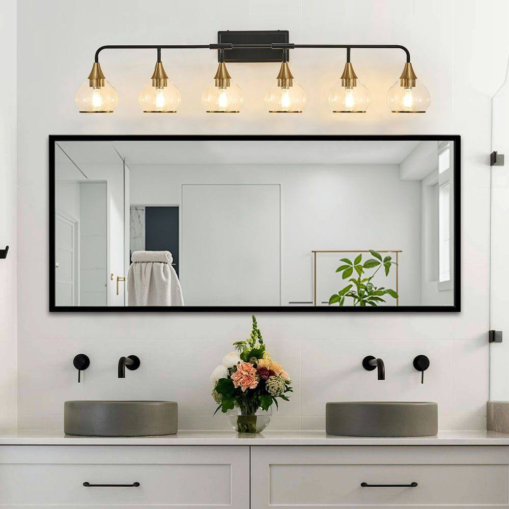 Alt View 5. Kadyn - 48" Modern 6-Light Vanity Wall Sconce - Black and Gold Bathroom Light Fixture with Clear Glass Shades, Black Gold - Gold.