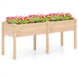 Costway - Raised Garden Bed Elevated Fir Wood Planter Box with 2 Large Planting Areas - Beige