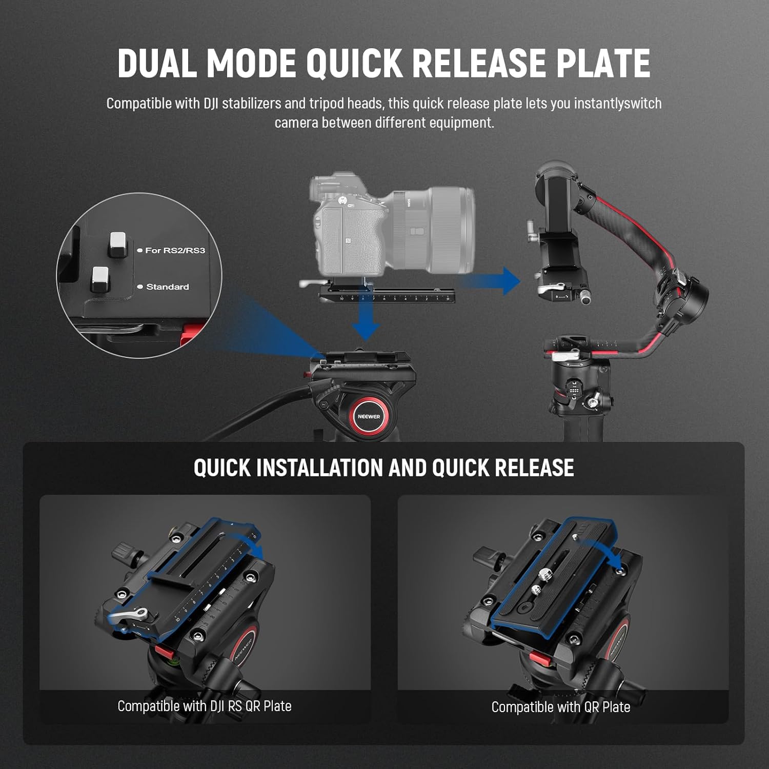 DUAL MODE QUICK RELEASE PLATE

Compatible with DJI stabilizers and tripod heads, this quick release plate lets you instantly switch camera between different equipment.

For RS2/RS3
Standard

QUICK INSTALLATION AND QUICK RELEASE

Compatible with DJI RS QR Plate
Compatible with QR Plate