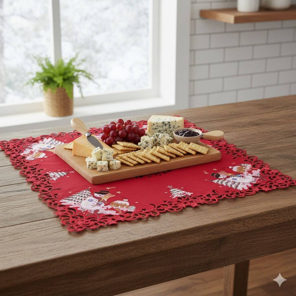Back. Jiallo - Snow Man Embroidered Cutwork Square Tablecloth, 44  inch square  Table Linen - Red.