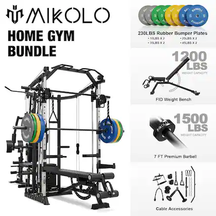 MIKOLLO HOME GYM BUNDLE
230LBS Rubber Bumper Plates
- 10LBS x 2
- 25LBS x 2
- 35LBS x 2
- 45LBS x 2
1200 LBS WEIGHT CAPACITY
FID Weight Bench
1500 LBS WEIGHT CAPACITY
7 FT Premium Barbell
Cable Accessories