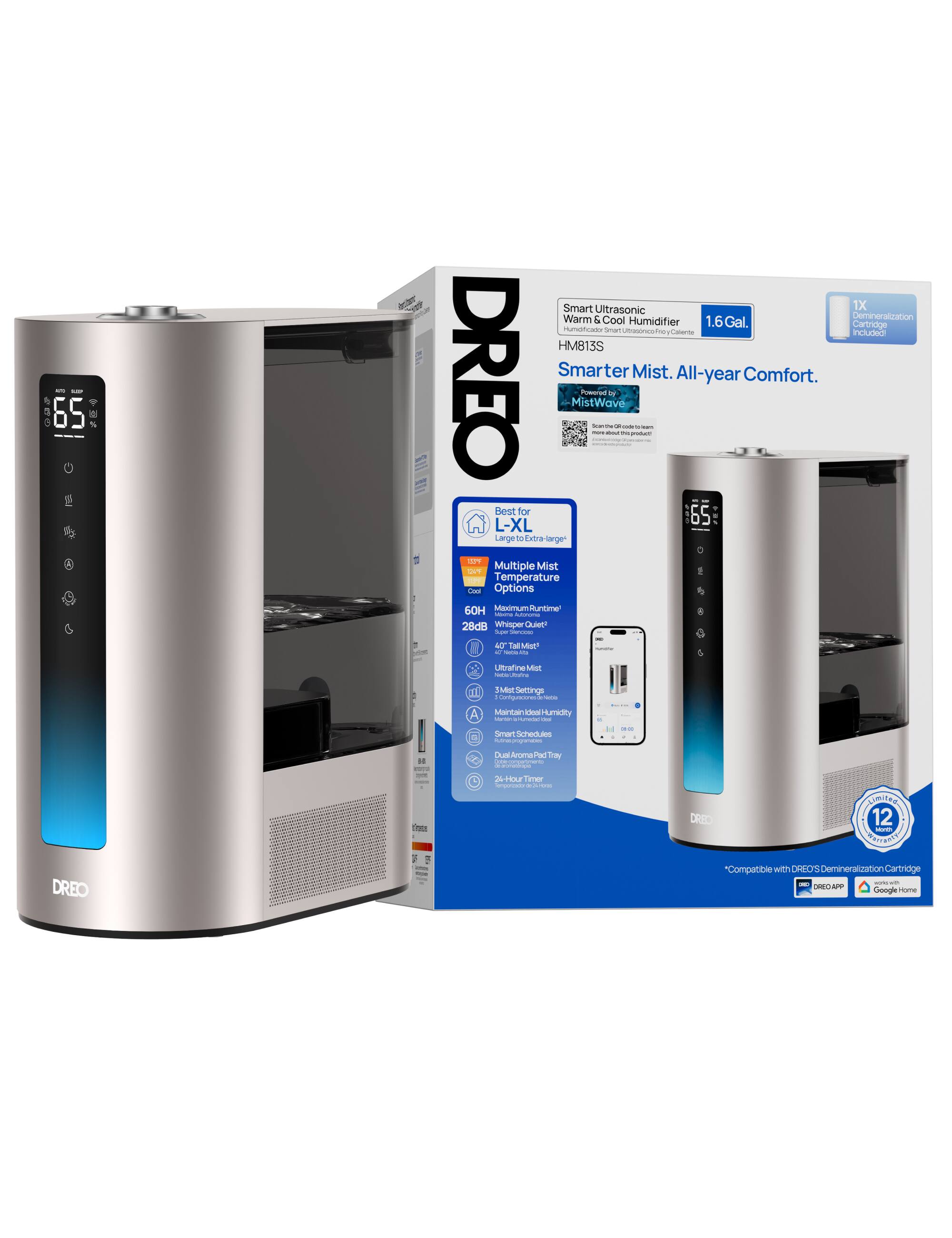 The text on the image reads: "i 111 6 65 ZE4 dar Smart Ultrasonic 1X Warm & Cool Demineralization Humidifier 1,6Gal. Cartridge Hunittato Smar Utratonce F Canra includi HM813S DREO Smarter Mist. All-year Comfort. Peorad MistWave - - - - - - mrtan Best for 65 L-XL LangetoExtra-large Lange Eatroa PEZ Multiple Mist SUT SPY Temperature Cas Options 60H Meomum intime - 28dB Whisper Quier - - 4 Tas Mist" - - -. Uttrat Ms - - 1 LeoT Seetings - A MantanDeac-umity Aumidiy - man ched des d -- . Dual Aroyna Pad T T 2 Limer - DREO X 12 - MAA DREO "Compatibile with DREOS Demineralization Cartridge - A GongleHor".