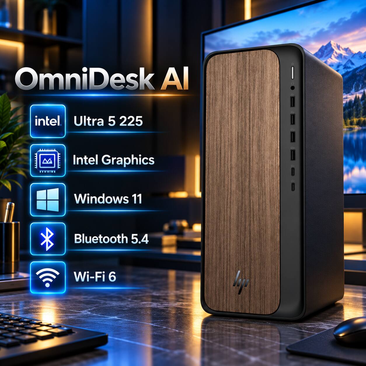 OmniDesk AI  
Intel Ultra 5 225  
Intel Graphics  
Windows 11  
Bluetooth 5.4  
Wi-Fi 6
