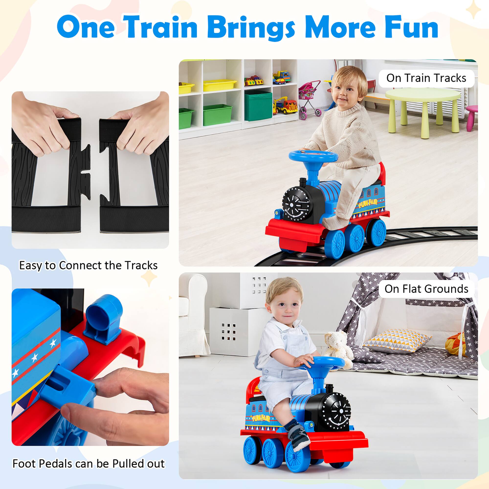 One Train Brings More Fun

- Easy to Connect the Tracks
- Foot Pedals can be Pulled out
- On Train Tracks
- On Flat Grounds