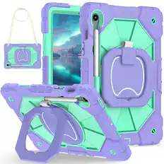 Front. Dteck - Case for Samsung Galaxy Tab S10 FE/S10 Lite/S9 FE/S9,3-Layer Rugged Kickstand Handle Grip Cover with Shoulder Strap - Purple Mint.