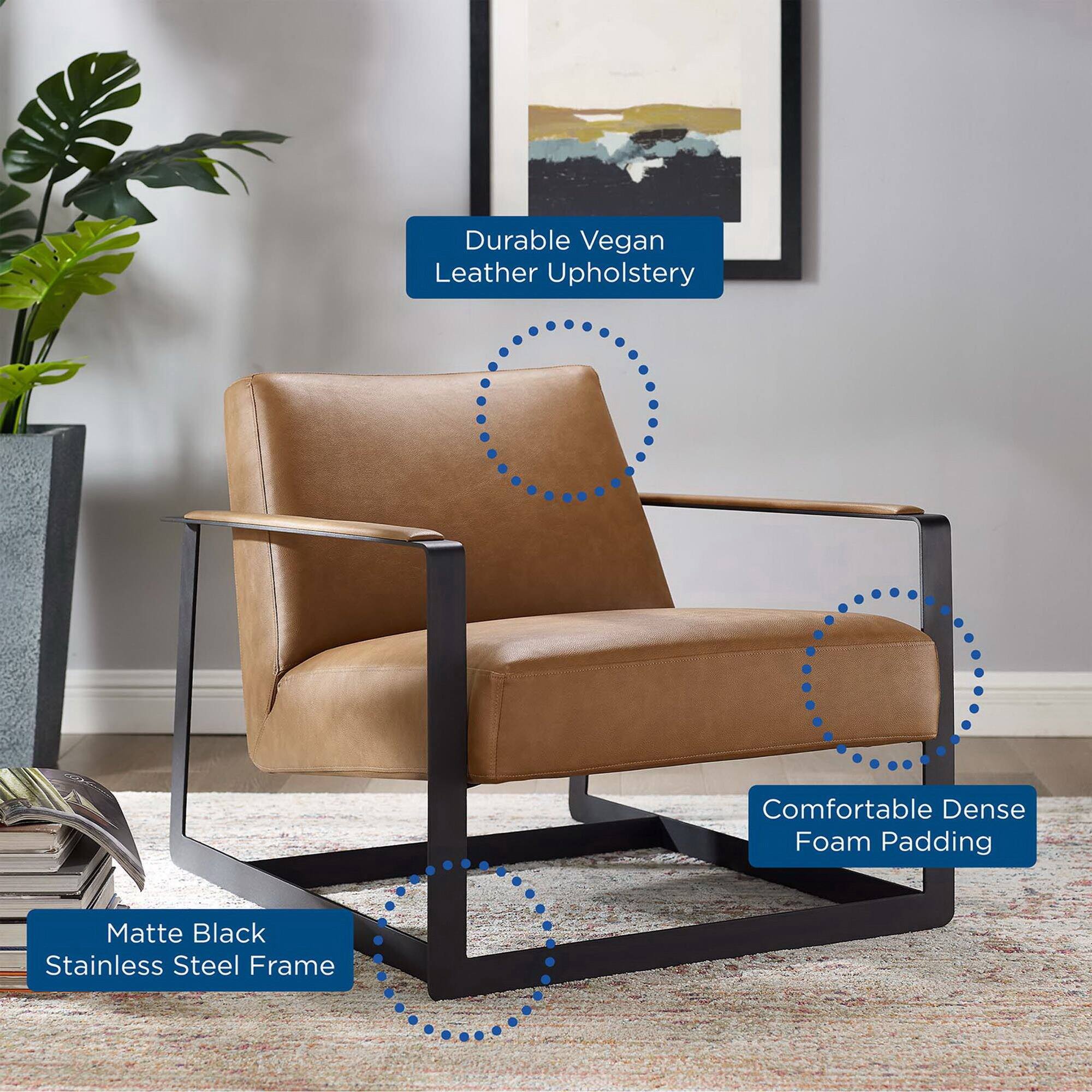 - Durable Vegan Leather Upholstery
- Comfortable Dense Foam Padding
- Matte Black Stainless Steel Frame