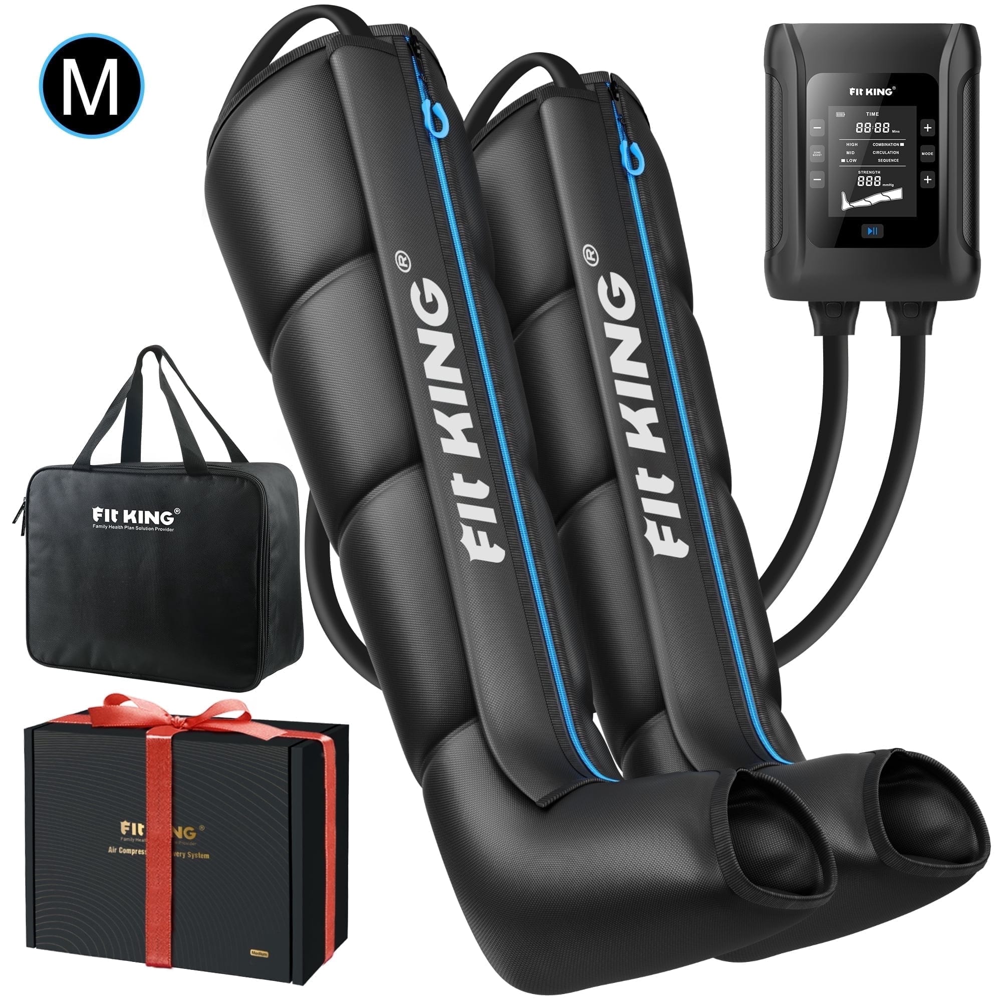 FIT KING - Professional Air Compression Recovery Boots, Rechargeable Full Leg Massager, Size Medium - Black and blue