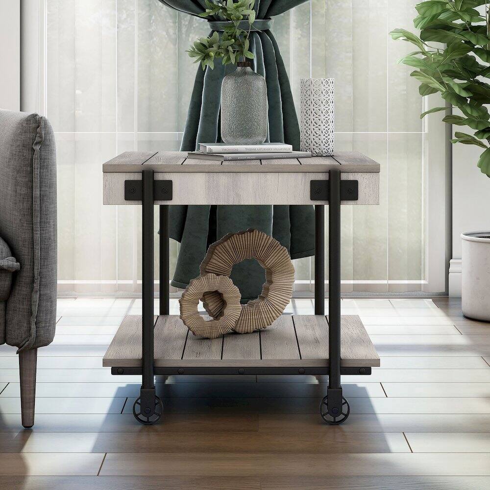 Alt View 2. Furniture of America - Acres Wood Natural End Table with Metal Black Wheels - Brown.