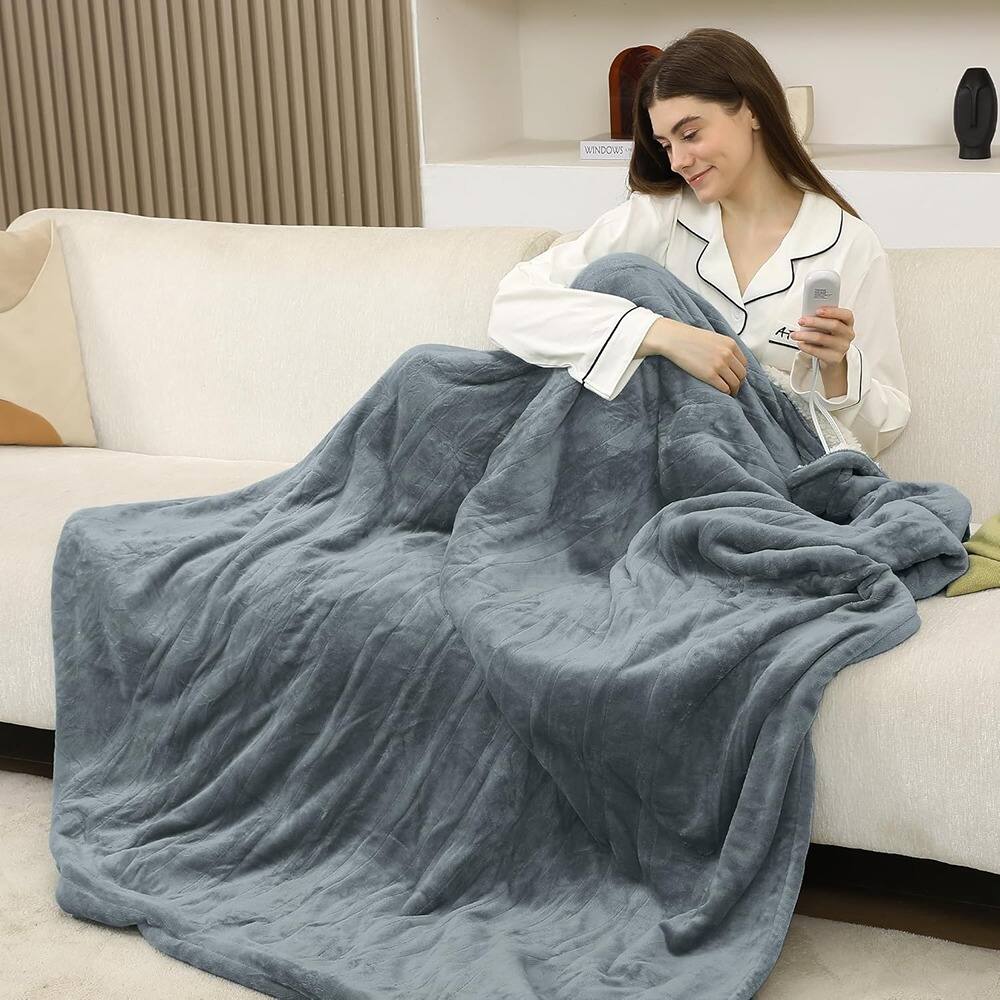 Front. MOSZAR LLC - Heated Electric Throw Blanket 50"x60" Flannel Sherpa, 5 Heat Levels, Auto Off, Gray - Gray.