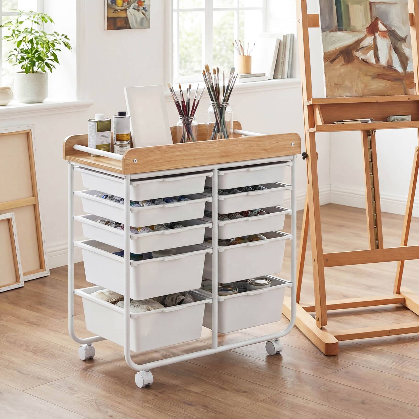 Alt View 4. Costway - Costway 10-Drawer Rolling Cart, Art & Craft Storage Cart with Wooden Tabletop&Lockable Wheels - Natural + White.