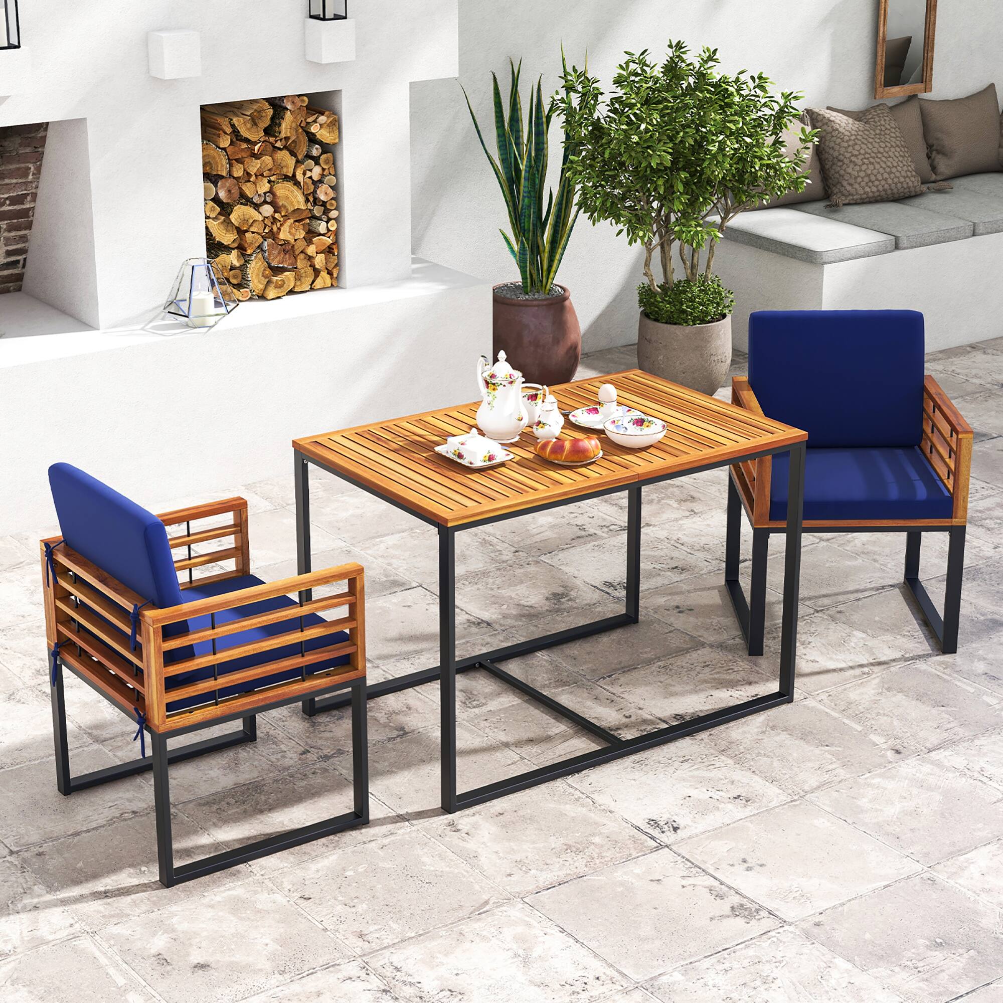 Alt View 3. Gymax - Gymax 3 Piece Outdoor Dining Set 2 Acacia Wood Armchairs w/ 43.5 Inch Dining Table - Navy Blue.