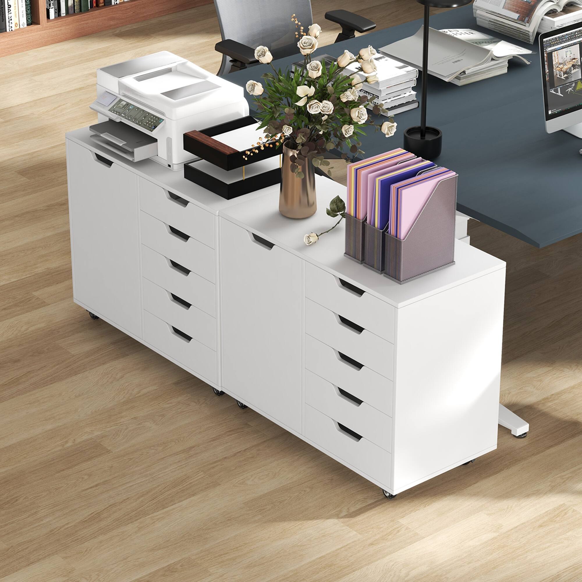 Alt View 4. Costway - Costway 5-Drawer Chest Rolling Storage Dresser Lateral File Cabinet with Adjustable Shelf - White.