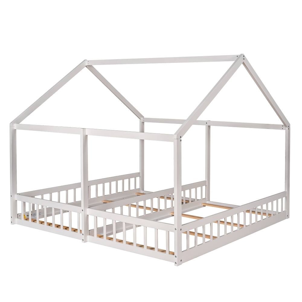 Alt View 2. Loheer - Loheer Twin Size House Bed, 2 in 1 Shared Platform Bed for Kids, White - White.