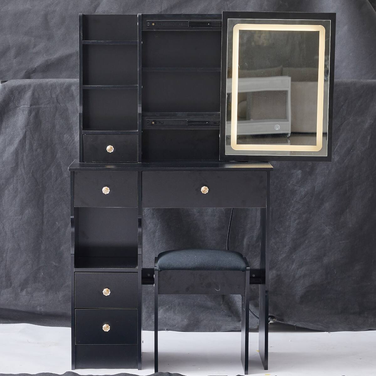 Alt View 2. Loheer - Loheer Small Desktop Vanity Table with LED Mirror and Cushioned Stool, Black MDF, 29.2 Inch - Black.