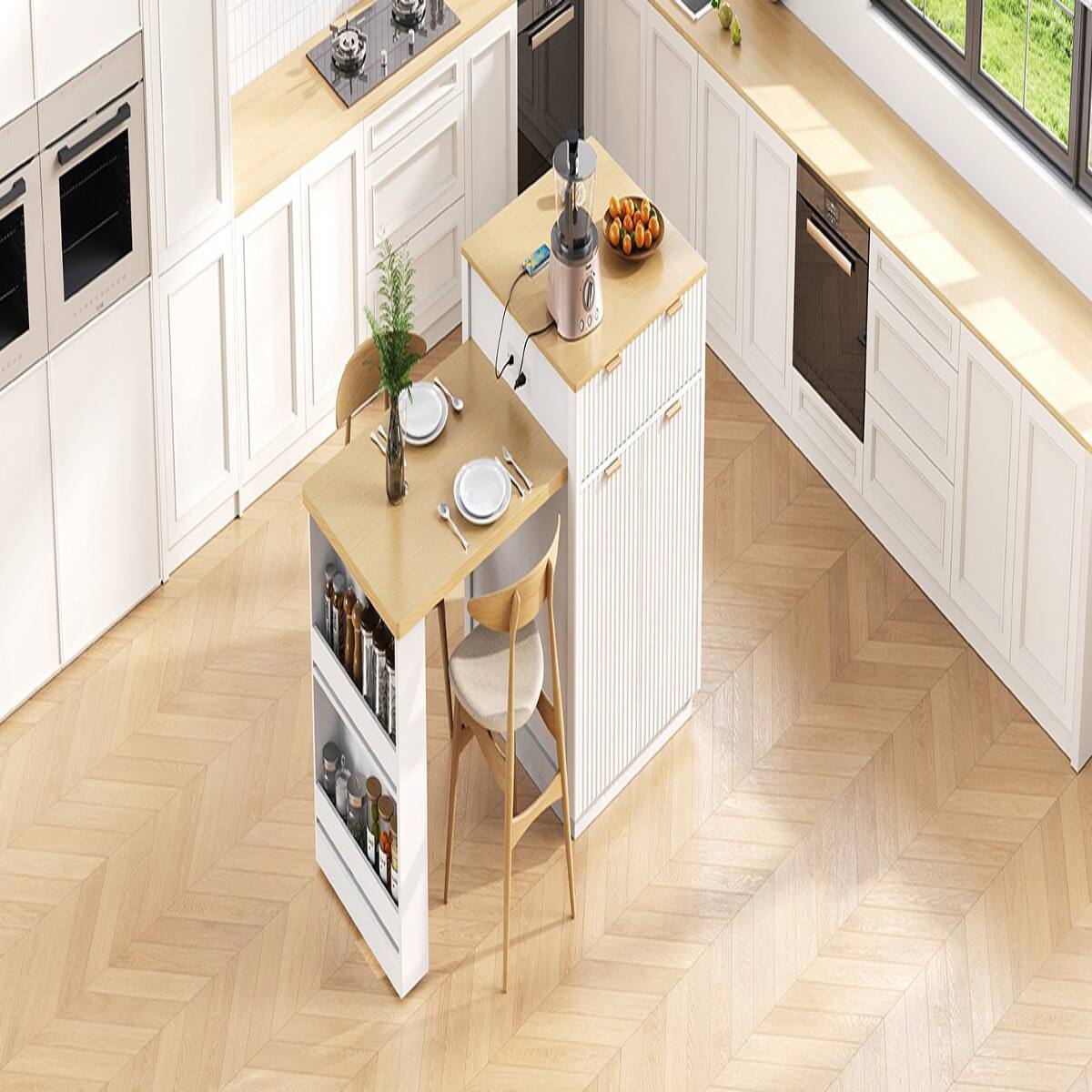 Back. Loheer - White Fluted Kitchen Island with Extendable Dining Table, 82.6-Inch Rectangular Island with Power Outlet - White.