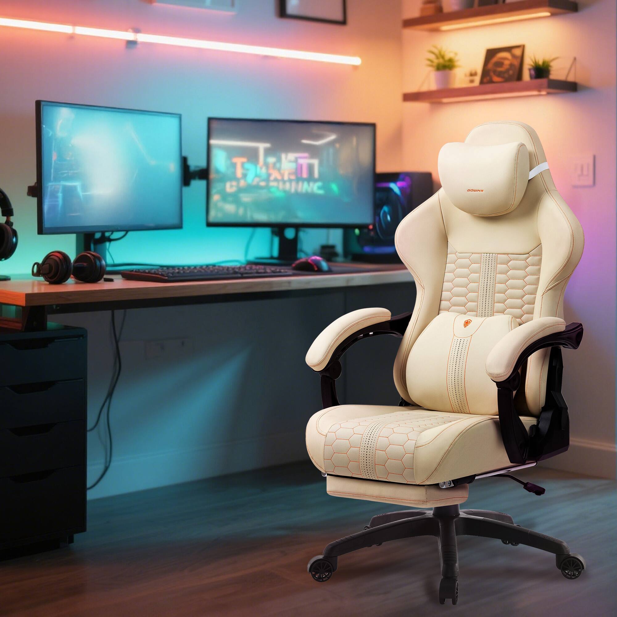 Alt View 3. Dowinx - Gaming Chair Big and Tall with Dual-Point Massage Lumbar Support, Video Game Chairs for Adults with Footrest - White.
