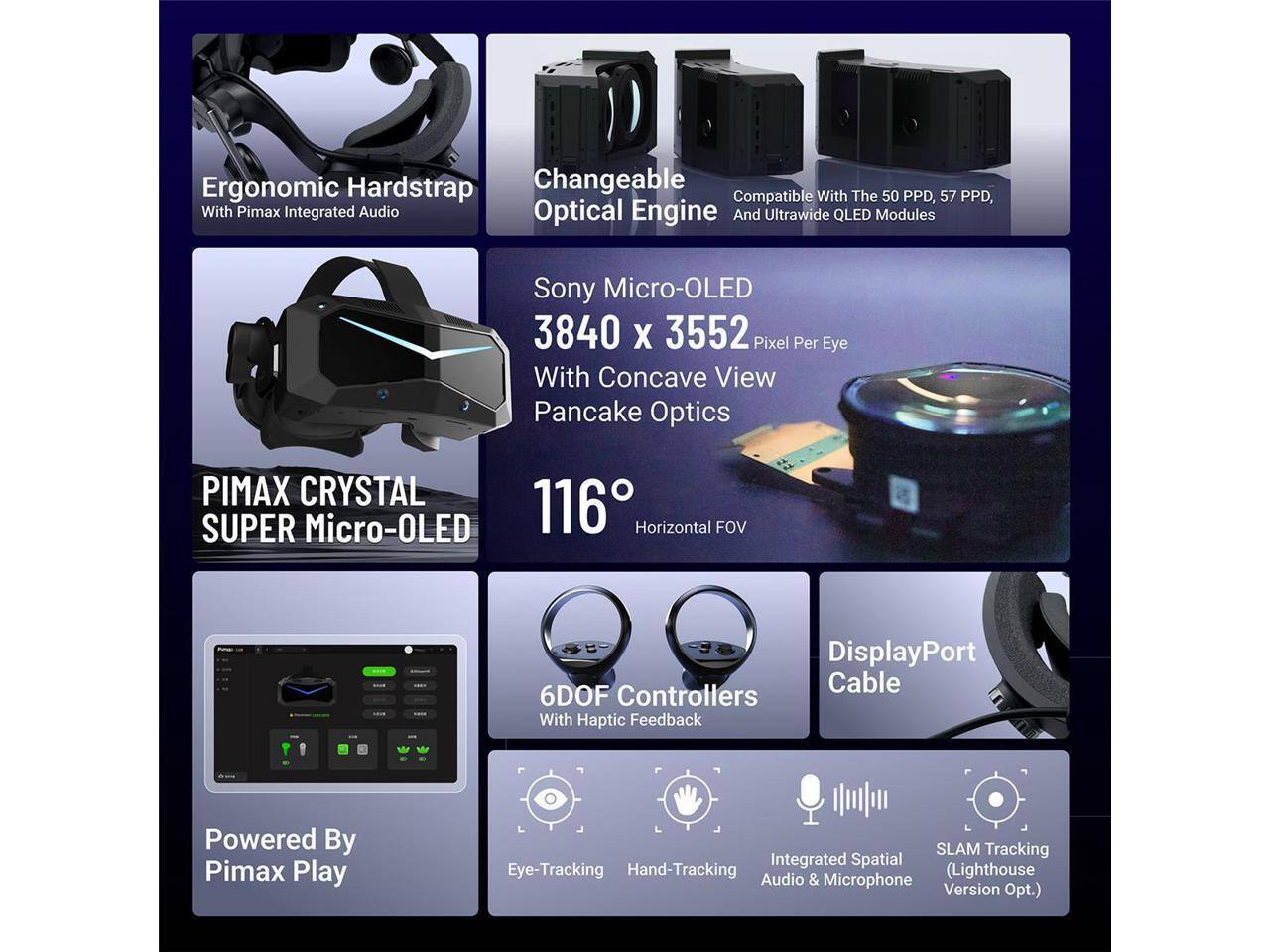 Ergonomic Hardstrap Compatible With The 50 PPD, 57 PPD, With Pimax Integrated Audio Optical Engine And Ultrawide QLED Modules Sony Micro-OLED 3840 X 3552 Pixel Per Eye With Concave View Pancake Optics PIMAX CRYSTAL 116 SUPER Micro-OLED Horizontal FOV DisplayPort Cable 6DOF Controllers With Haptic Feedback Powered By Pimax Play SLAM Tracking Integrated Spatial Eye-Tracking Hand-Tracking Audio (Lighthouse & Microphone Version Opt.)